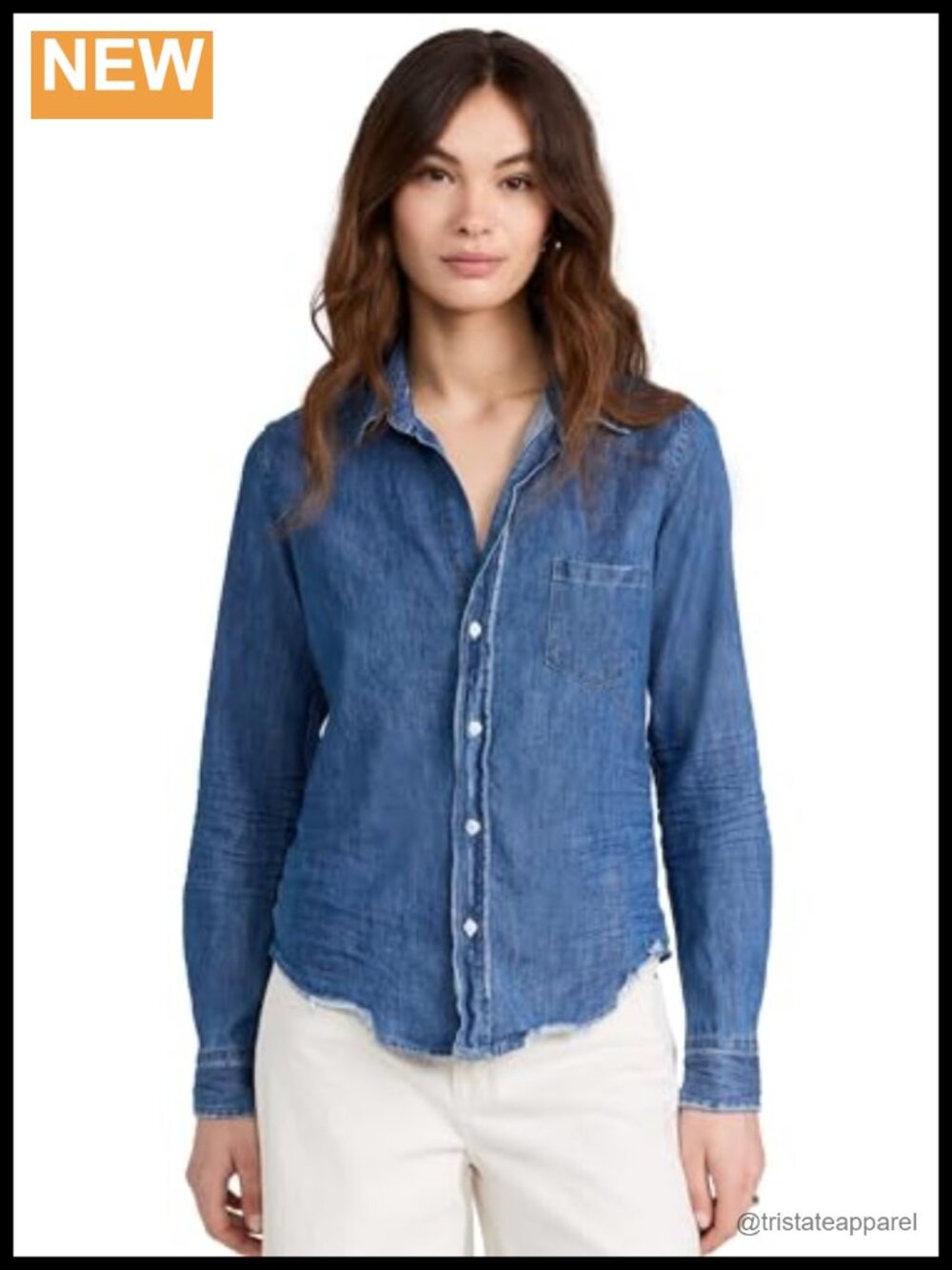 Tailored Button Down Shirt Denim Distressed Patch Breast